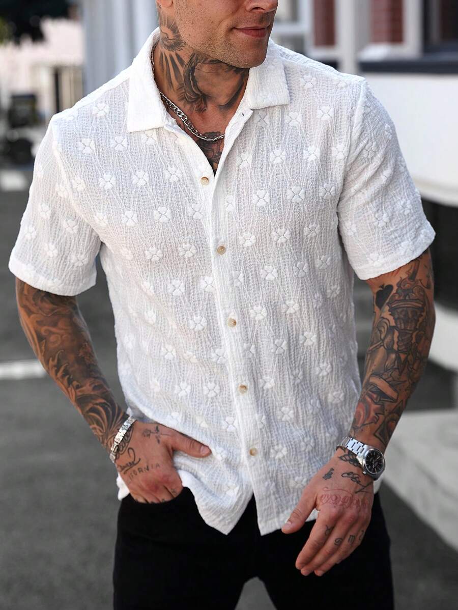 Manfinity Homme Men's Casual Solid Color Textured Short Sleeve Shirt Shirts For Beach Men Men Fashion Shirts Men Clothes Men Shirts Casual Shirts For Men Summer Shirt For Men Summer Men Tops Best-Selling Outfits Husband And Boyfriend Gifts For Friends