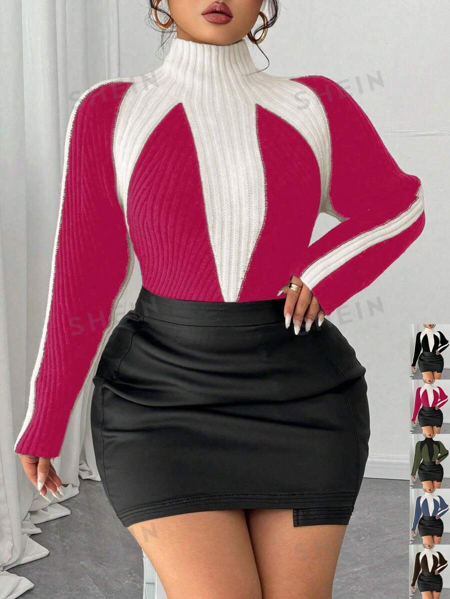 Celure Suéter ajustado de manga larga, cuello redondo, tejido a punto con bloques de color para mujeres de talla grande en otoño/invierno