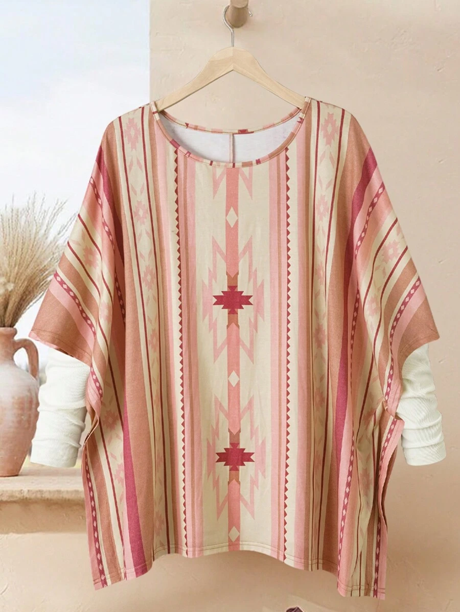 EMERY ROSE Plus Size Women's Cowgirl Outfit Round Neck Bat Retro Pattern Retro Print Loose Vacation Country Tops, Summer Outfits For Women