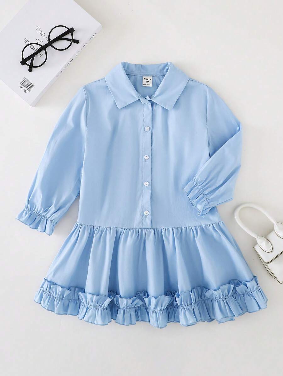 PrepCrw Young Girls Elegant Academic Blue Squirrel Embroidered Ruffle Hem Loose Front Patch Shirt Dress For Spring & Autumn