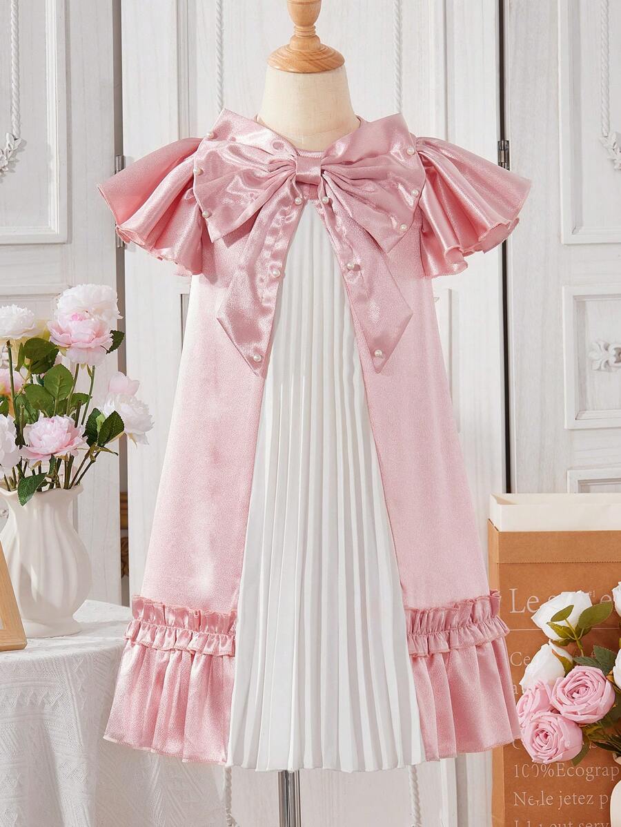 SHEIN Young Girl Elegant Color Blocking Pleat Beaded Bow Decor Dress