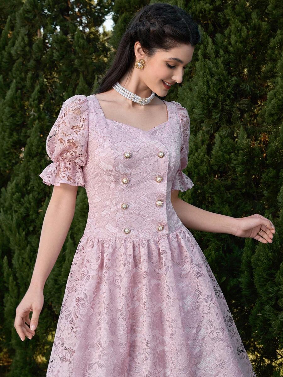 Modelyn Women Floral Lace Puff Sleeve Double-Breasted Dress