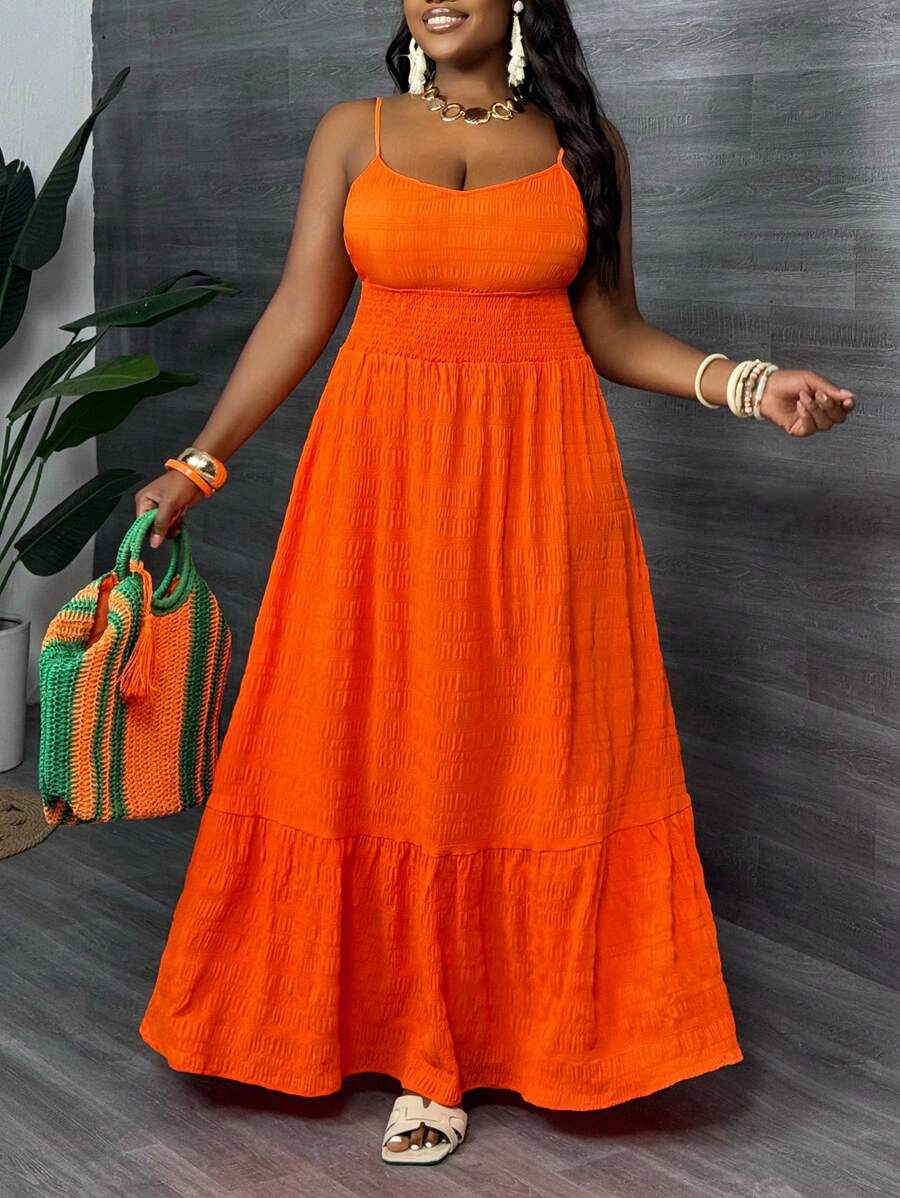 Slaydiva Plus Size V-Neck Orange Camisole Cinched Waist Flared Maxi Dress, Vacation Style,Beach Dress Sundress,Holiday Outfits Boho