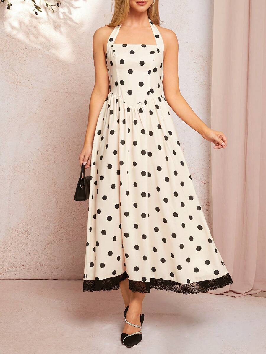 SHEIN Clasi Women's Elegant Halter Neck Apricot Base Black Polka Dot Dress For Spring & Summer Vacation Beach Outfits For Woman Western Wear Women Summer Dress Western Wear Women Boho Festival Bohemian Vacation Dress
