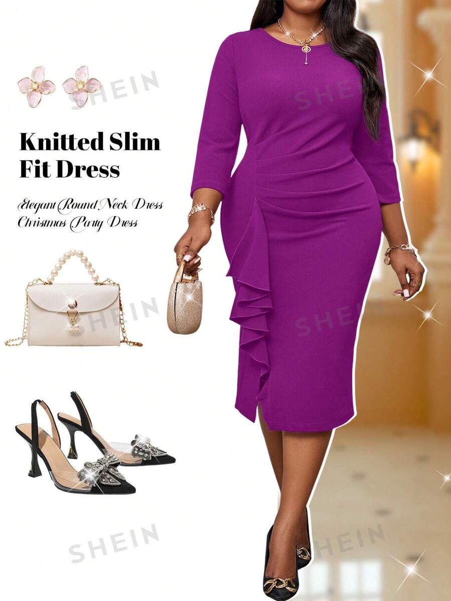 Fleurora Vestido Elegante Vintage de Fiesta de Navidad de Otoño e Invierno para Boda, Cóctel, Trabajo - Vestido de Tubo de Cuello Redondo de Punto Rojo Oscuro con Volantes - Producto Nuevo - Tallas Grandes - Vestido de Dama de Honor