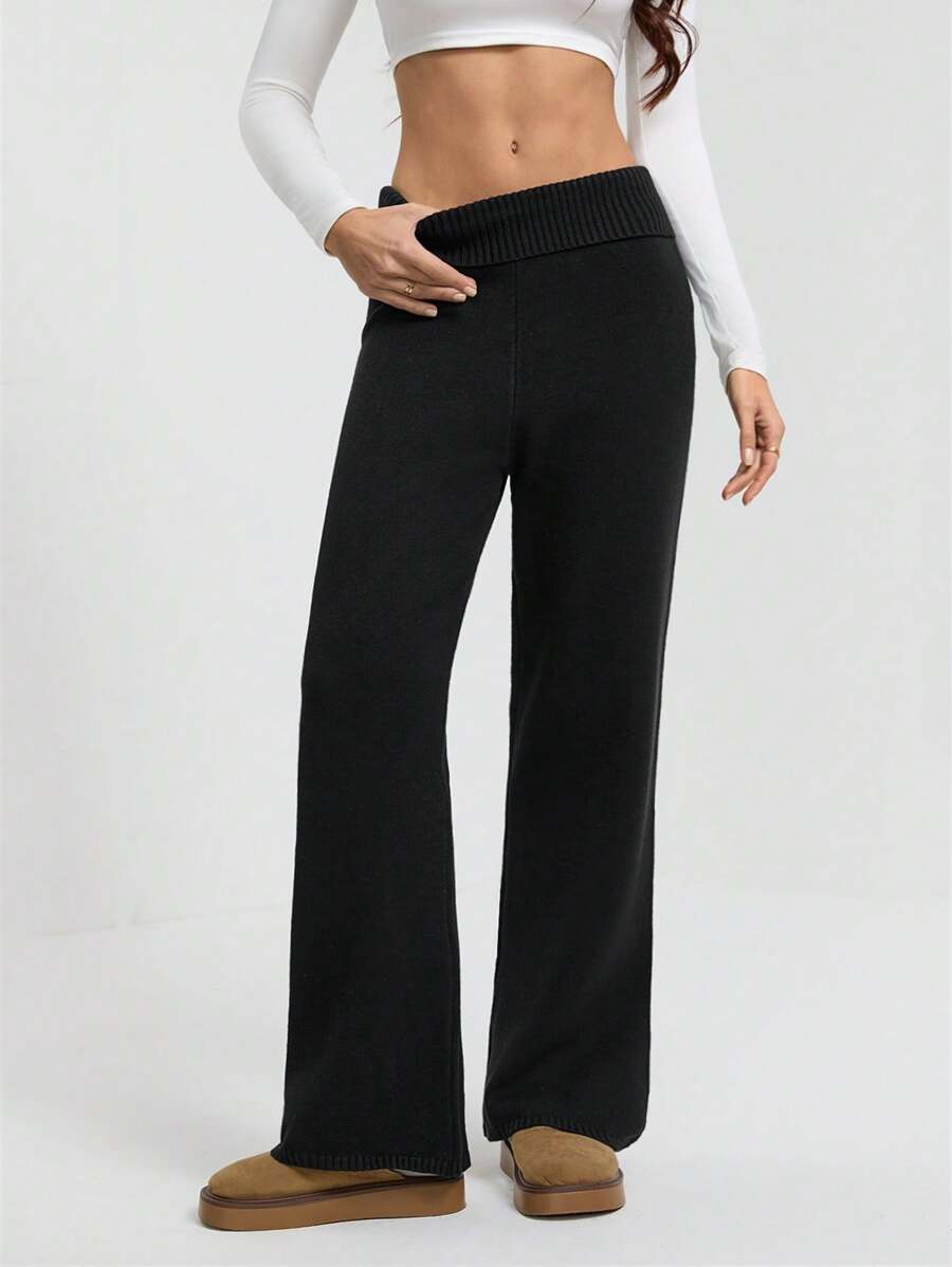 SHEIN Tall Women's Black Knitted Pants With Cuffed Waist And Flared Legs