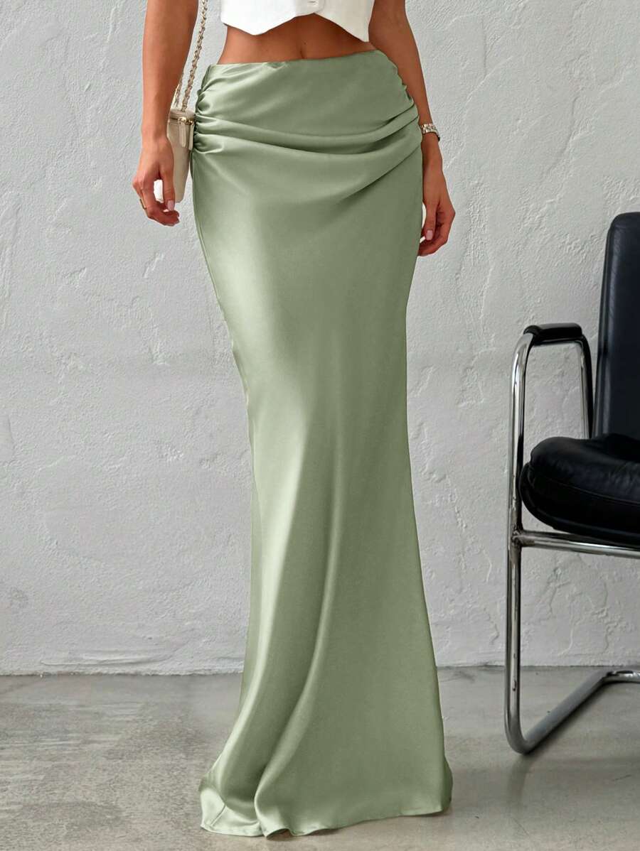 Firerie Elegante minimalistische romantische date & werkjurk voor dames, veelzijdige effen satijnen maxi-rok, abrikooskleur, lage taille, herfst/winter