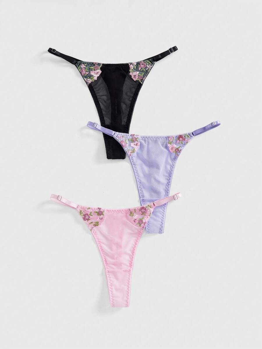 ROMWE Fairycore Set de 3 tangas para mujer con insertos de malla y bordado floral romántico