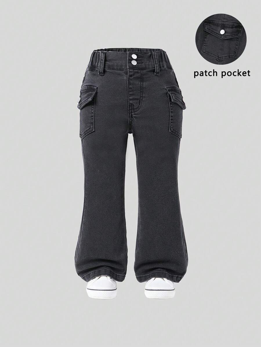 SHEIN Jeans entallados de mezclilla negra lavada con múltiples bolsillos y cintura elástica para niña en estilo casual