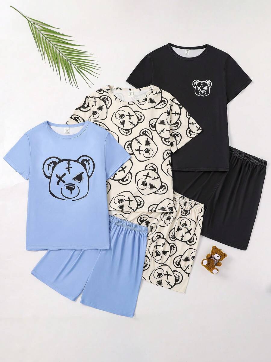 Set da 3 pezzi di maglietta a maniche corte e pantaloncini con motivo di orsetti cartoni animati, comodi, adatti per bambini più grandi