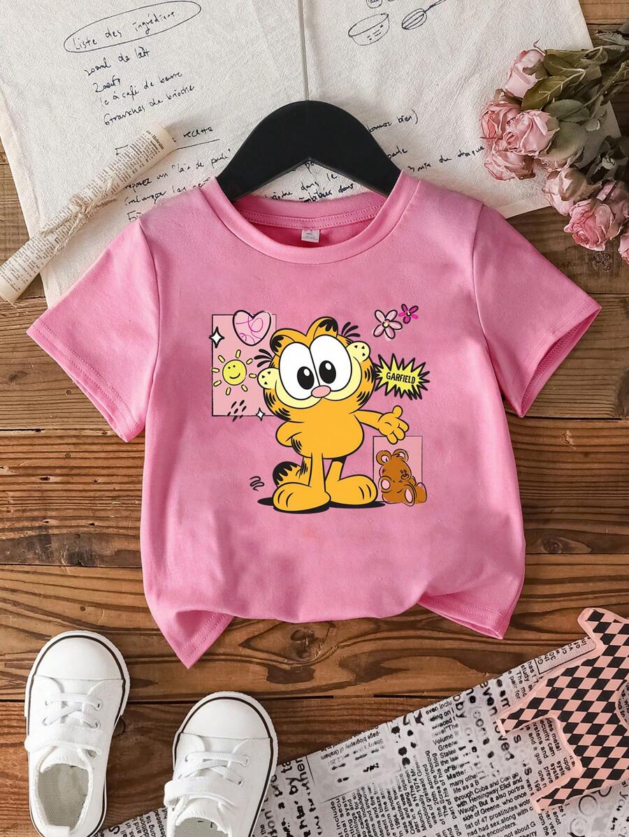 GARFIELD X SHEIN Young Girl Casual Cartoon Cat Print Short Sleeve T-Shirt, Summer
