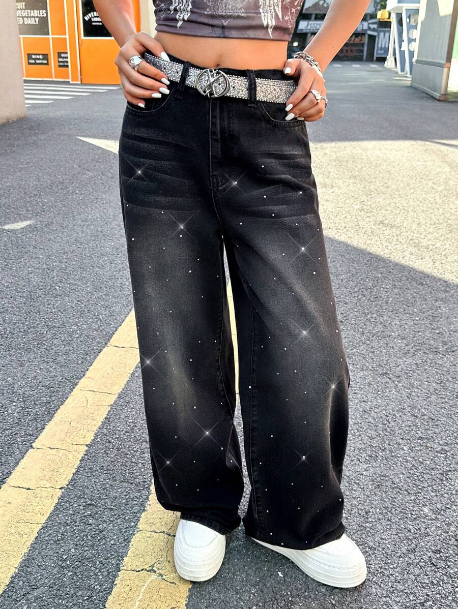 SHEIN Teens/Teen Girl Sparkly Rhinestone Embellished Loose Wide-Leg Blue Denim Pants