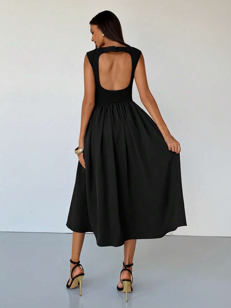 Aloruh Vestidos largos elegantes de mujer con cuello redondo, mangas cortas, espalda ajustada y mangas de campana - Vestidos elegantes de verano para mujer - Vestidos de vacaciones - Vestidos de mujer - Vestidos de verano de mujer - Vestidos negros de mujer - Vestidos de cumpleaños de mujer