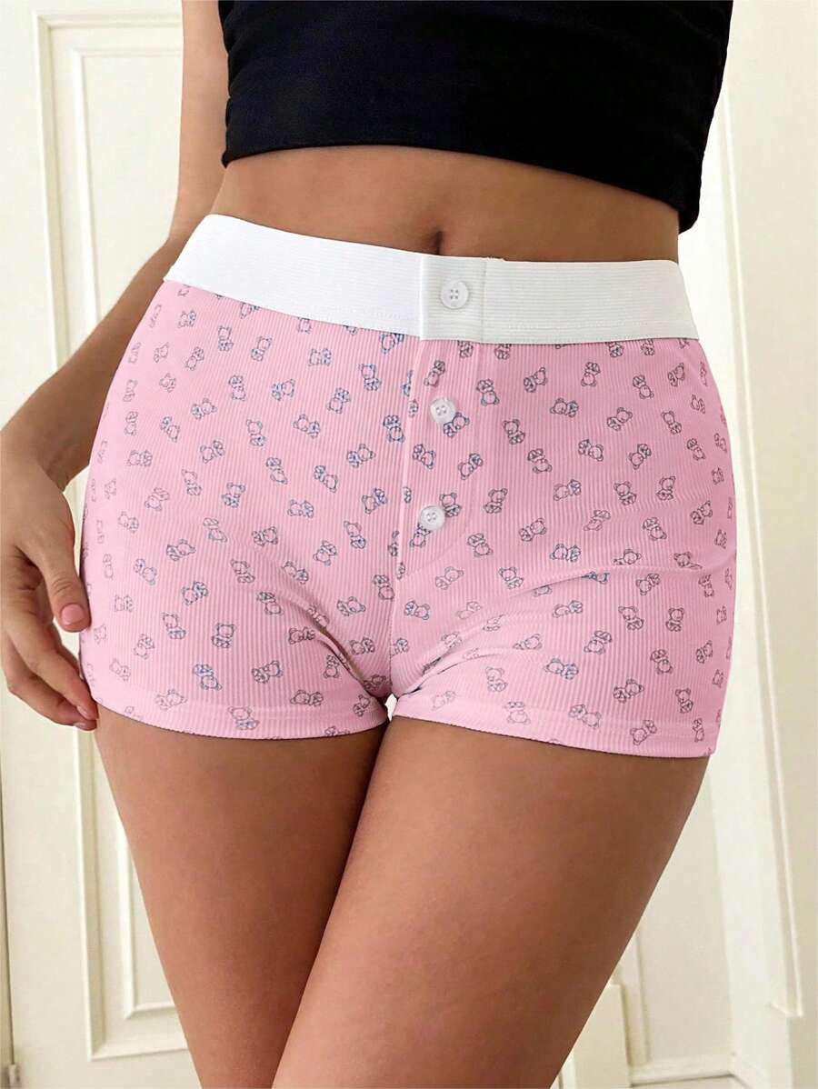 SHEIN EZwear Pantalones cortos de mujer casuales con estampado de oso y bloque de color en la cintura