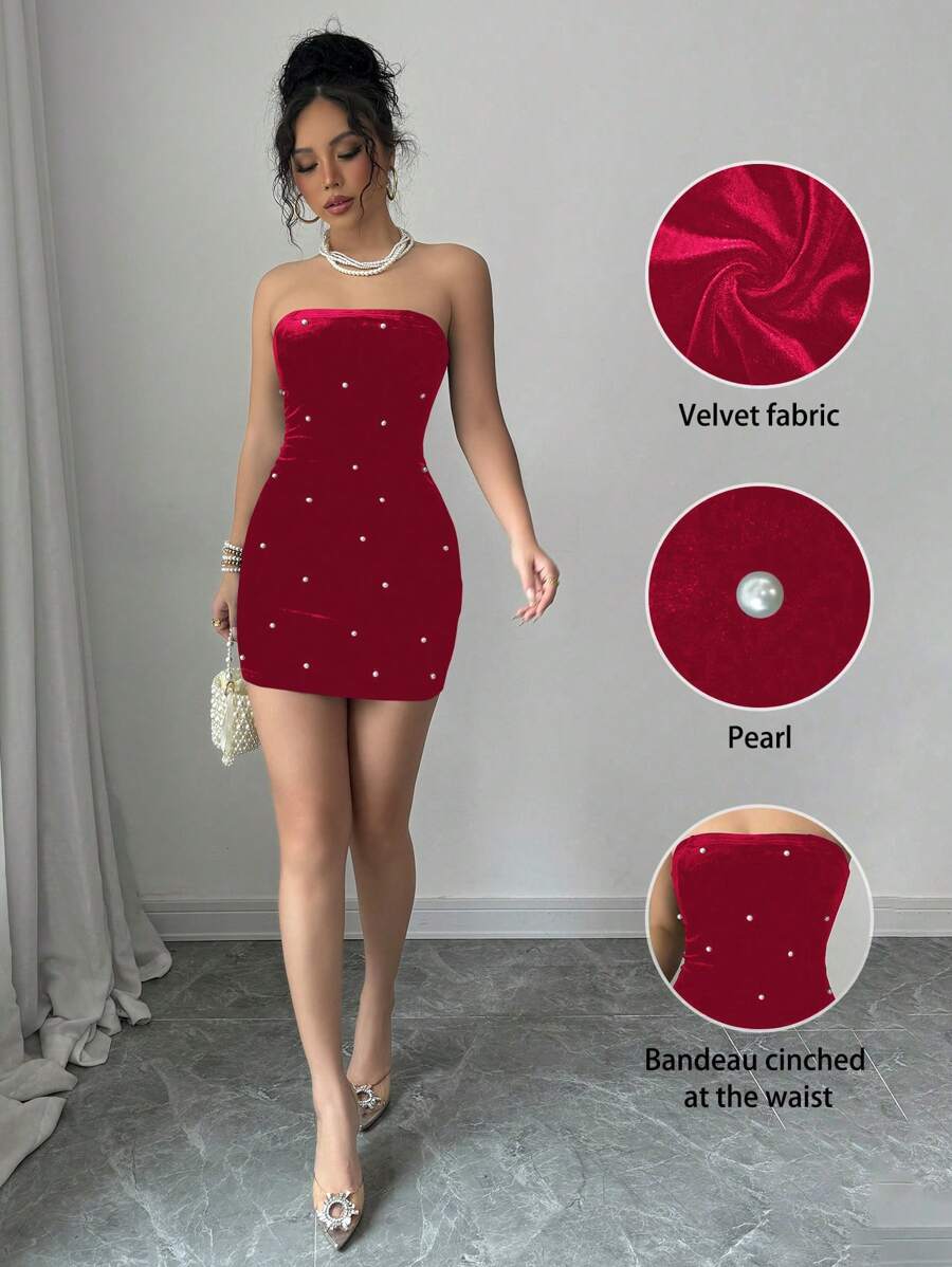 Elenzga Black Strapless Pearl Waist Velvet Material Elegant Romantic Women's Dress