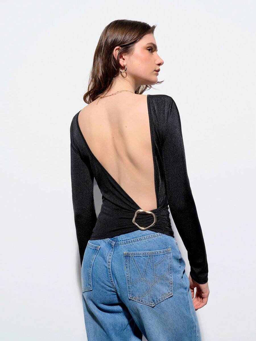 Maija Spring And Summer New Style Black Tight-Fitting Waist Sexy Backless Waist Metal Buckle Women's Tops Urban Modern Elegant Daily Casual Commuting Suitable For Going Out For Vacation Party Party Wedding Date Wear