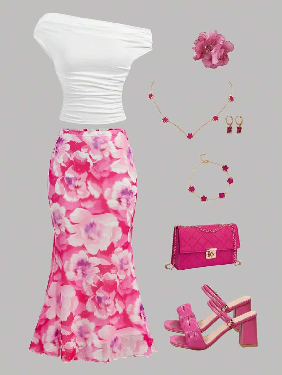 Girlism Conjunto de 2 piezas para adolescentes: Camiseta de punto con hombros oblicuos en rosa y blanco, y falda A-line de malla de punto floral en rosa, apropiado para vacaciones, fiestas, ceremonias de graduación y almuerzos