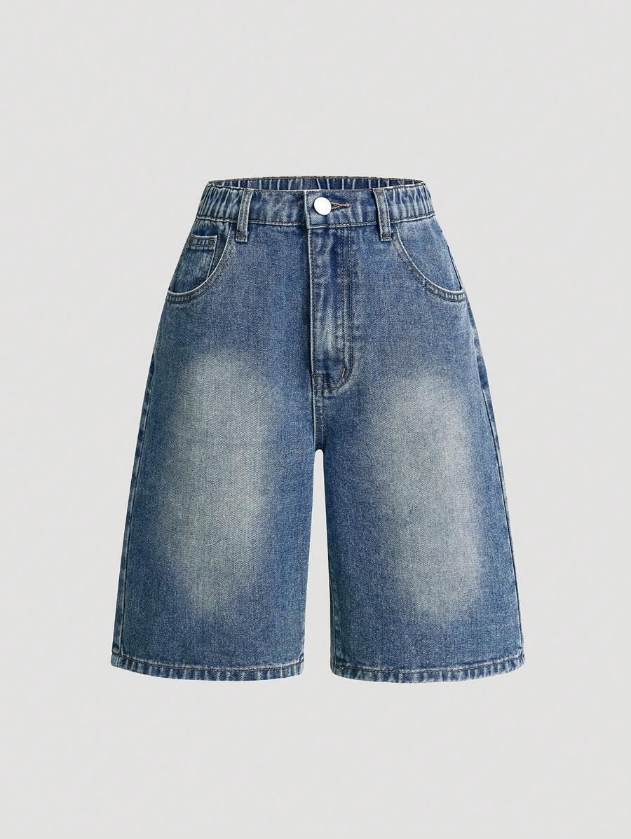 SHEIN Pantalones cortos vaqueros casuales de pierna recta y ajuste holgado con lavado vintage para adolescentes
