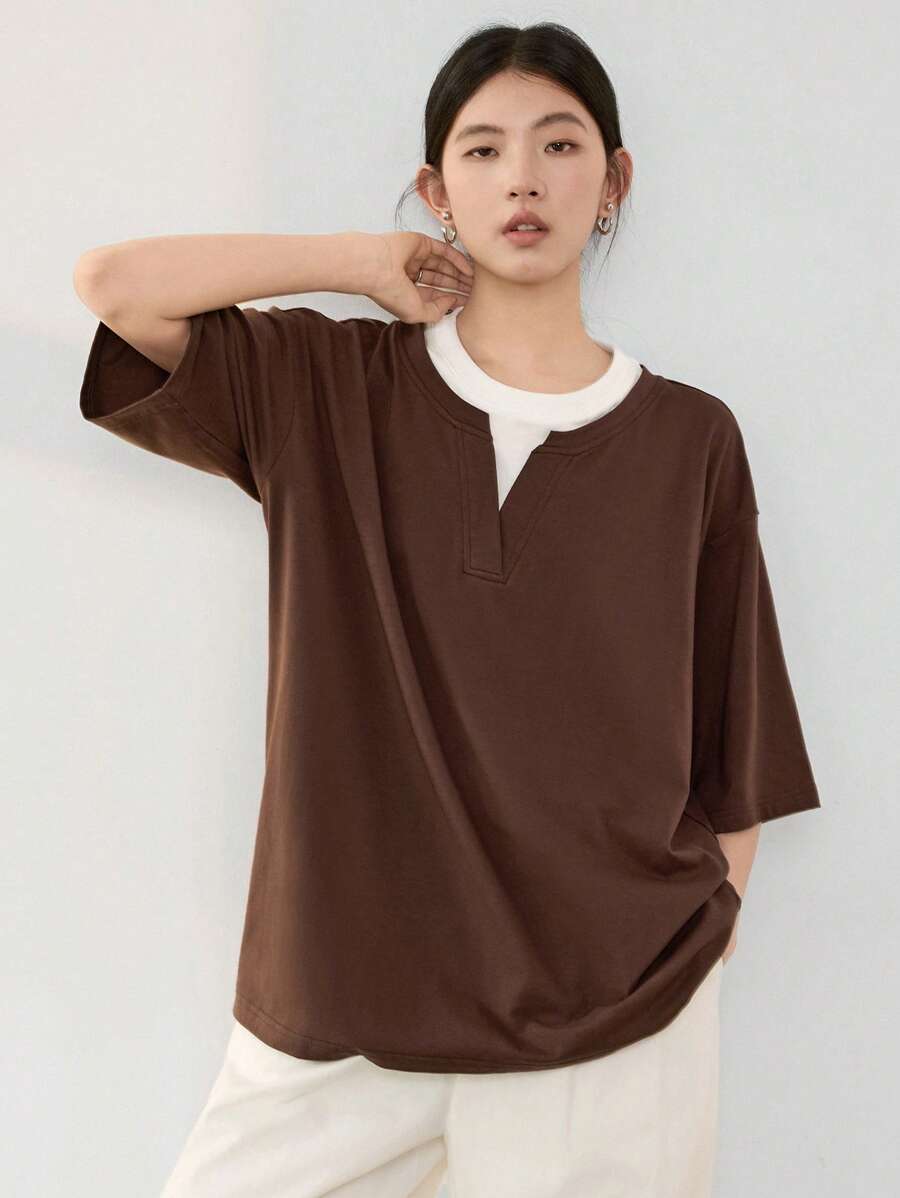 Dazy-Less Loose Business Casual Color Block Short Sleeve T-Shirt For Women Summer Old Money Style Oversized T-Shirt