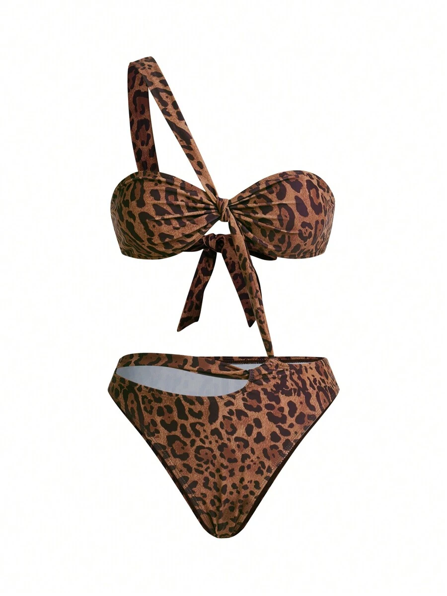 Opulessa Leopard Print Knitted Cutout One-Piece Swimsuit For Women, Beachwear For Summer Beach Vacation