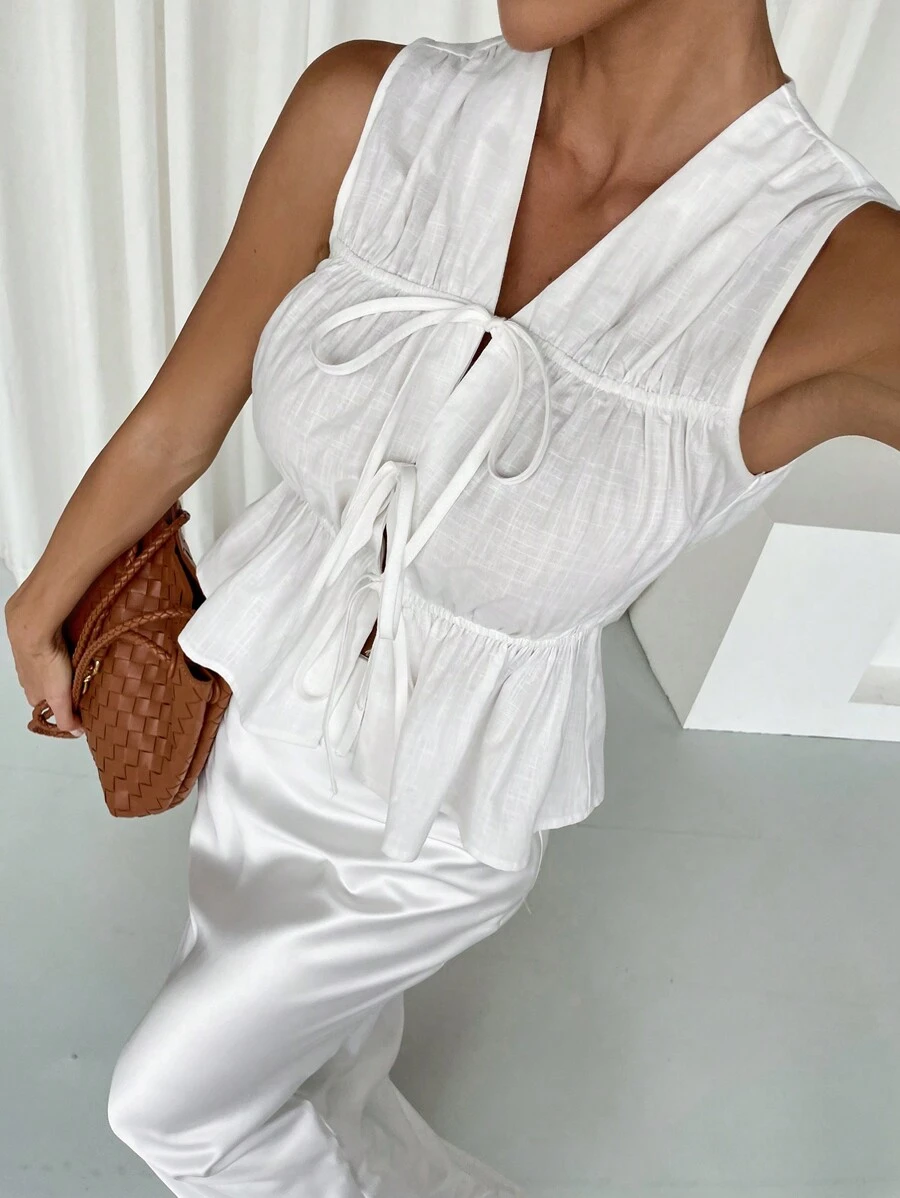 SHEIN Essnce Débardeur plissé décontracté femme de couleur unie avec nœud devant sans manches