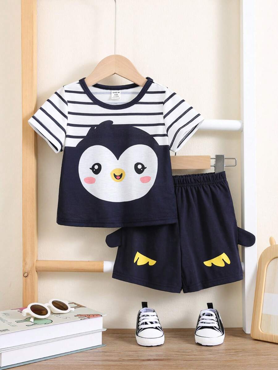 SHEIN 2 stuks/set babyjongens casual schattige cartoon pinguïn print kleurblok ronde hals verlaagde schouders losse gebreide korte mouwen top & shorts 2-delige outfitset voor lente/zomer