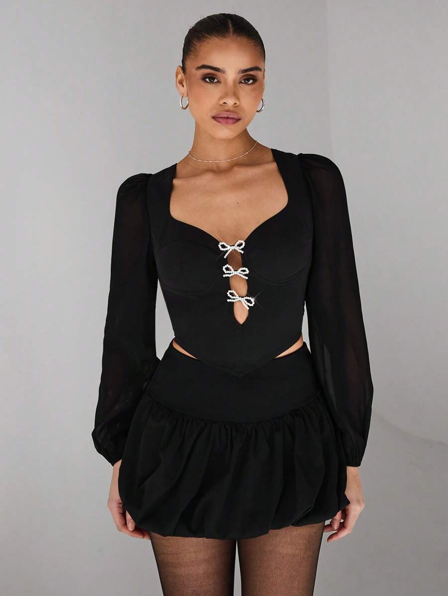 Glamine Glamine Valentine's Day Retro Simple & Elegant See-Through Spliced Sleeves Solid Color Women's Long-Sleeved Heart Neckline Blouses Cut-Out Pearls Bow-Detail Corset Top In Black