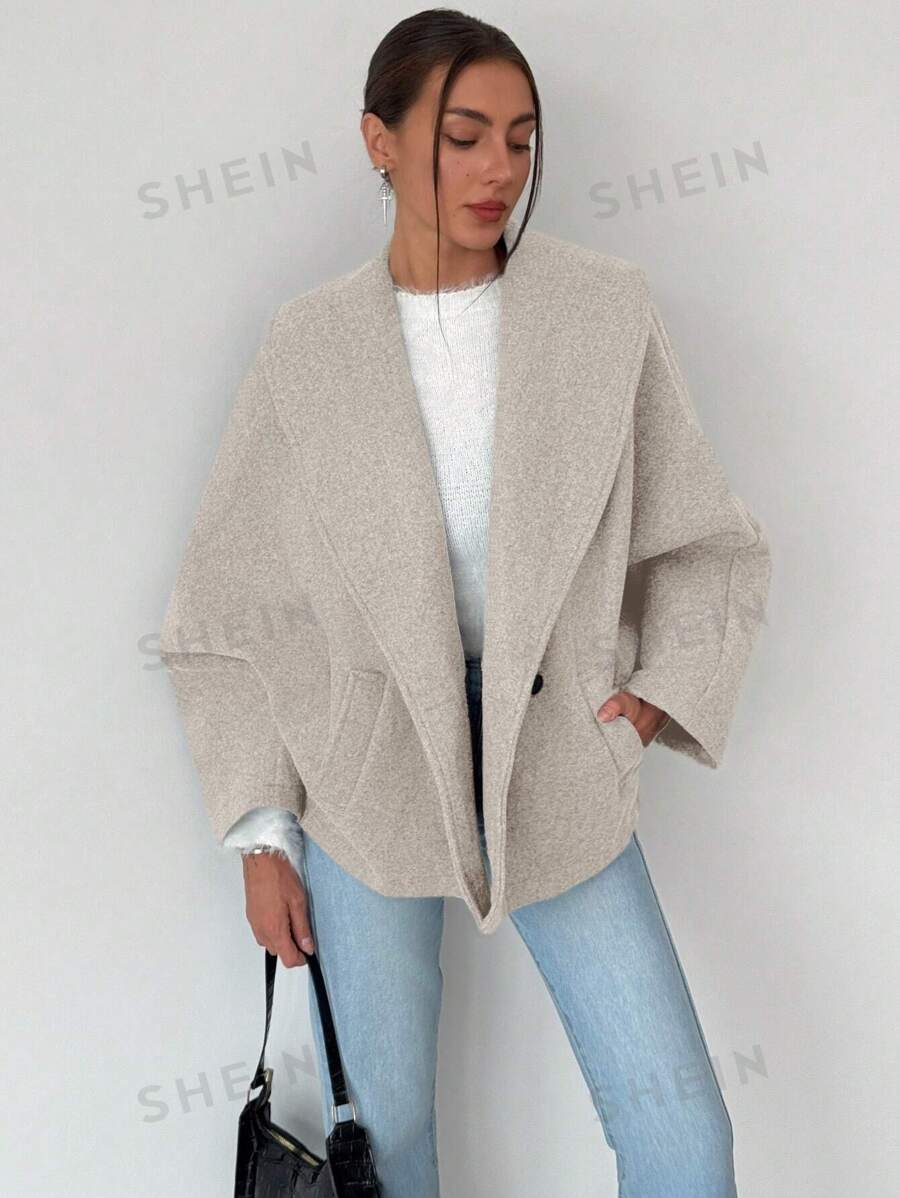 Aloruh Nuevo elegante abrigo de mezcla de lana de solapa gris, versátil
