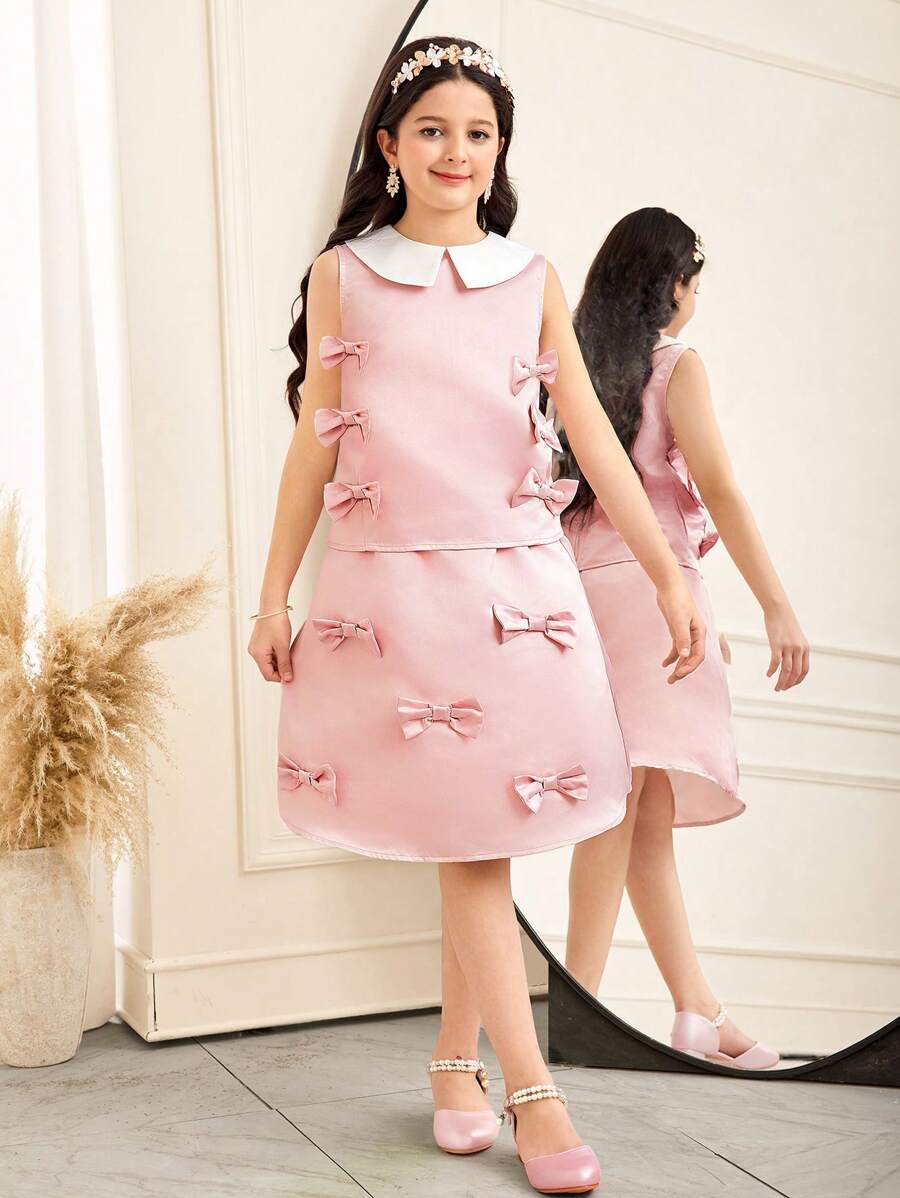 SHEIN Tween Girls Elegant Fitted Point Collar Colorblock Sleeveless Bow Decor Shirt & Shorts 2 Pieces Set