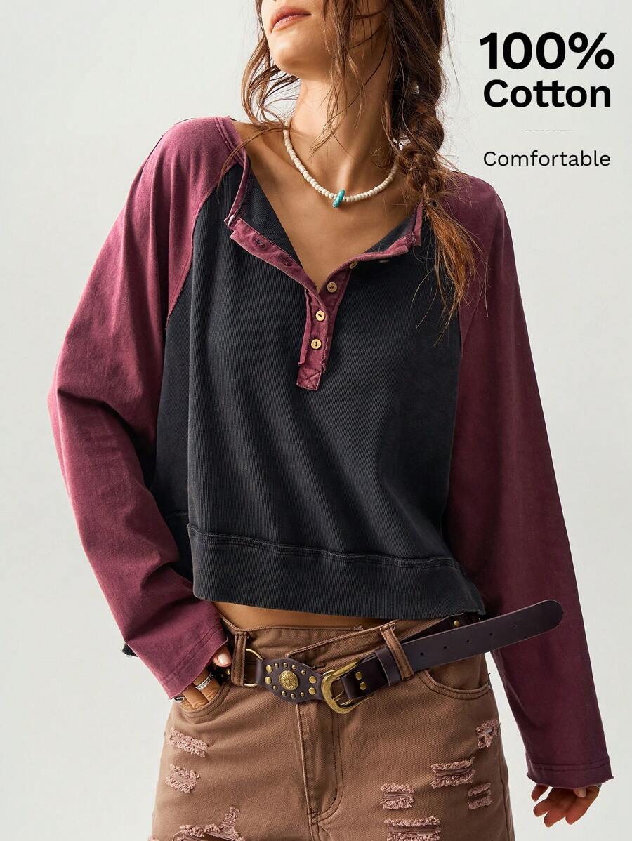 Bohemela Lässige Loose Bluse für Frauen mit V-Ausschnitt, Farbblock-Raglanärmeln und Langarm