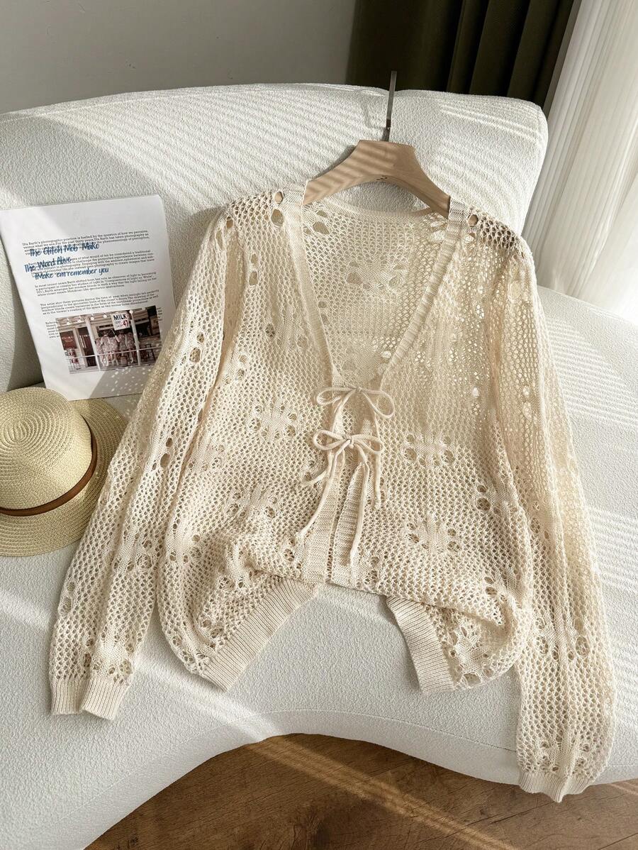 SHEIN Privé New Loose Crochet Lace Tie-Front Open Cardigan, European And American Casual Style, Suitable For Beach/Resort, Spring/Summer Women