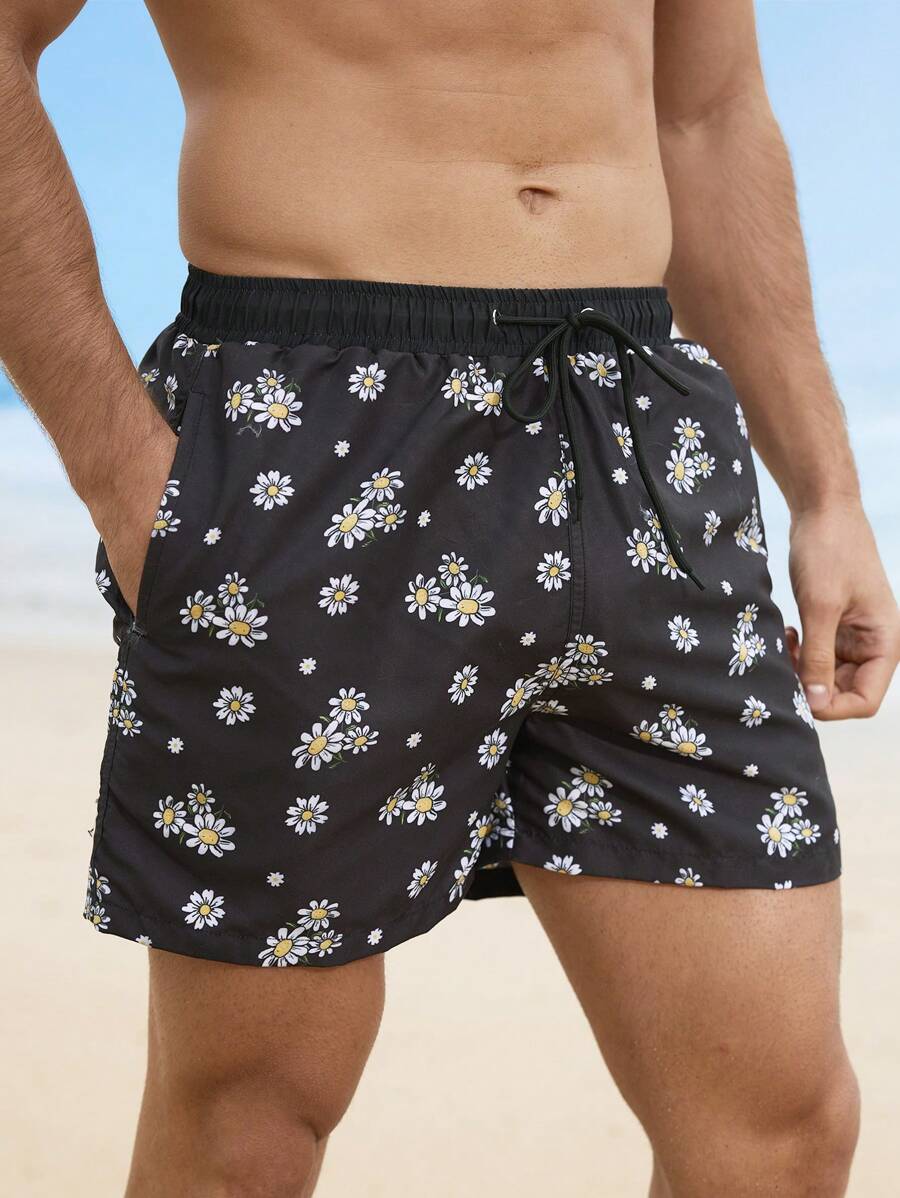 Manfinity Swimmode Men's Casual Ditsy Floral Drawstring Waist Beach Shorts Men Swim Trunks