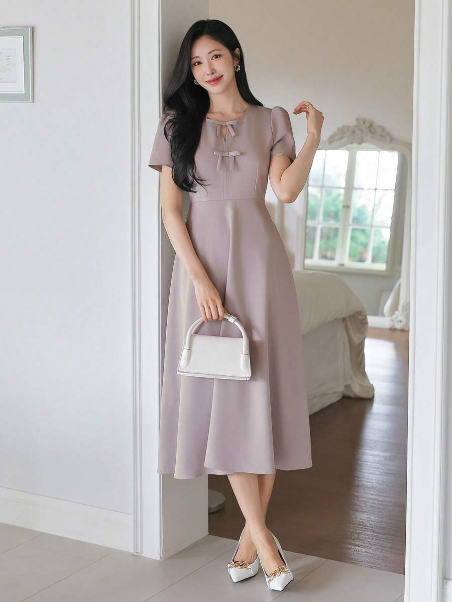 Wynsel Women's Short Sleeve V-Neck Bowknot Decor Dress Elegant Sundress