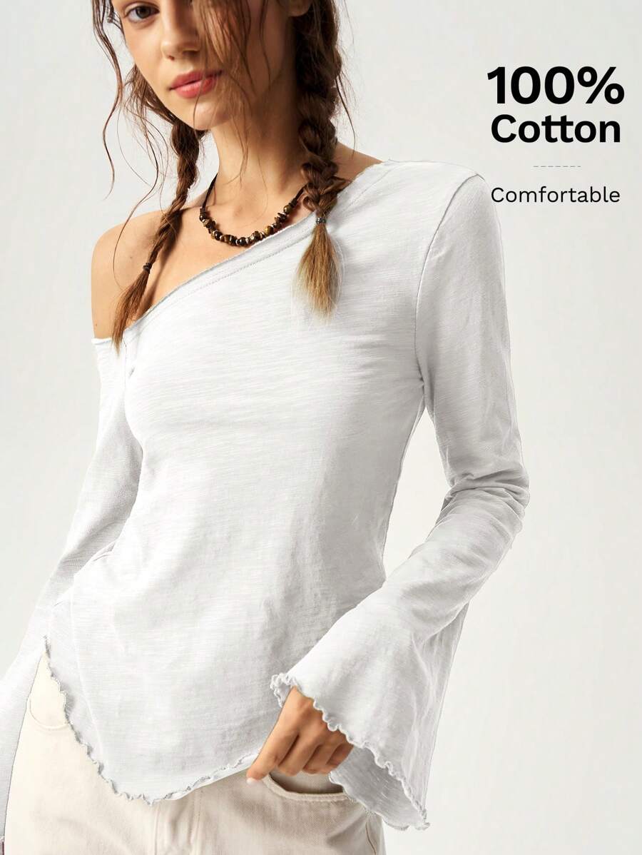 Bohemela Vacation Casual Solid Color Asymmetrical Neck Bell Sleeve T-Shirt