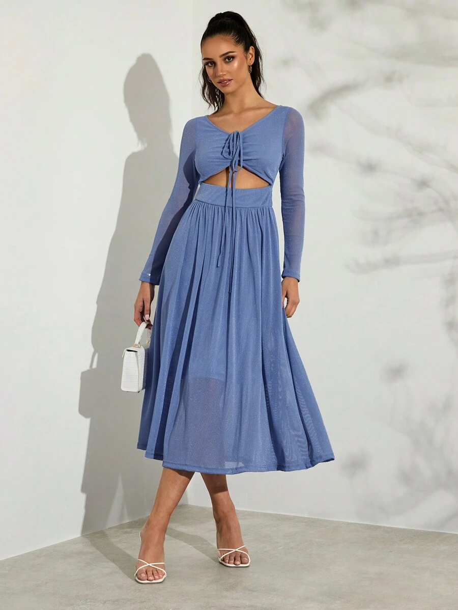 Glamine Vrouwen effen lange mouw mesh borst trekkoord midi-jurk - Elegante lente- en zomervakantiejurk, Valentijnsdag