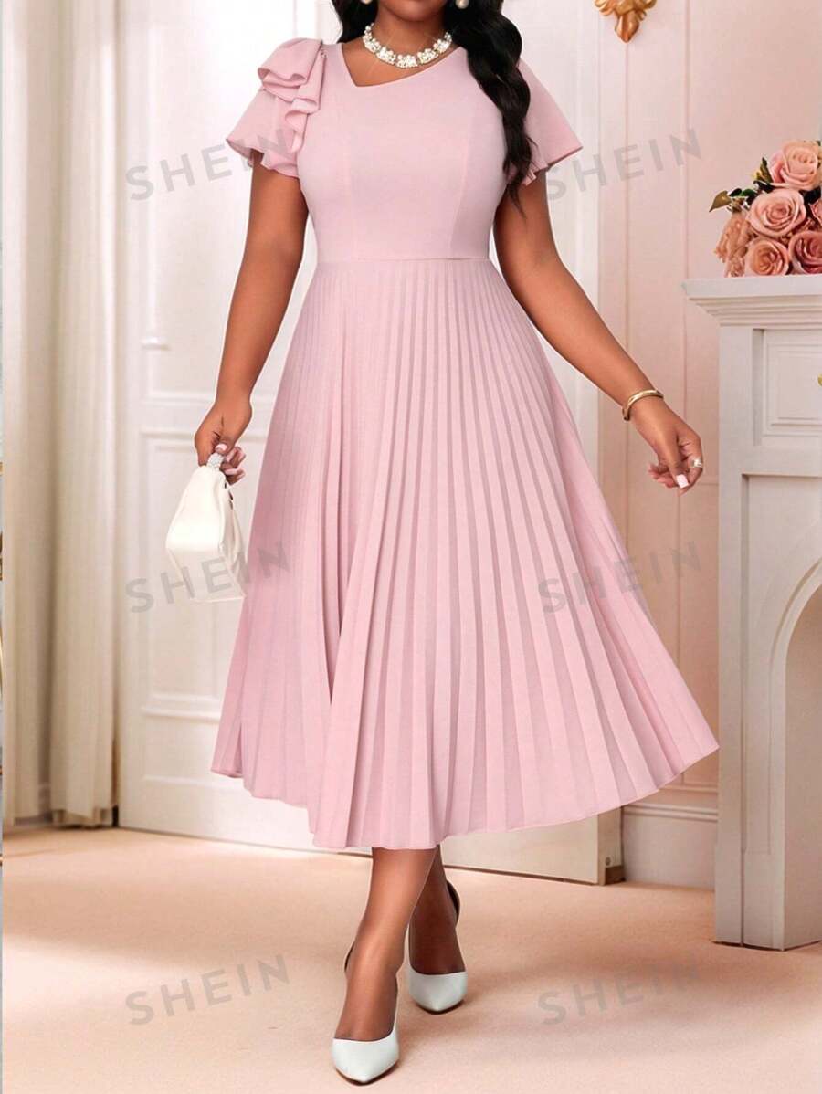 SHEIN Lady Vestidos de talla grande de manga corta con cuello redondo, mangas abullonadas, plisado y volantes en la falda, en color rosa, para fiestas elegantes y modestas, eventos sociales, conciertos y festivales de música, apropiados para primavera y verano