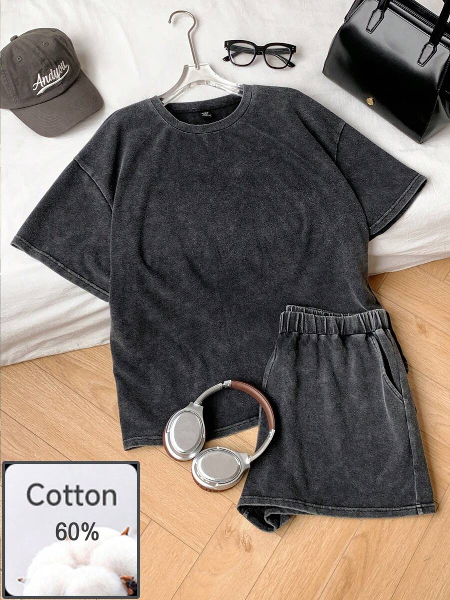Comfortcana Conjunto de 2 piezas talla grande: Camiseta de manga corta y cuello redondo en negro y pantalones cortos, ropa de primavera-verano