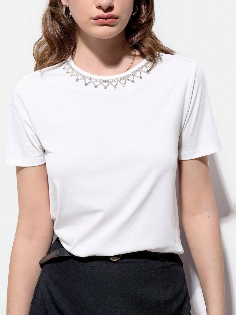 Maija Spring And Summer New Style White Metal Decorated Women's T-Shirt Tops, Urban, Modern And Elegant, Daily Casual Commuting, Suitable For Vacations, Holiday Parties, Weddings And Dates.