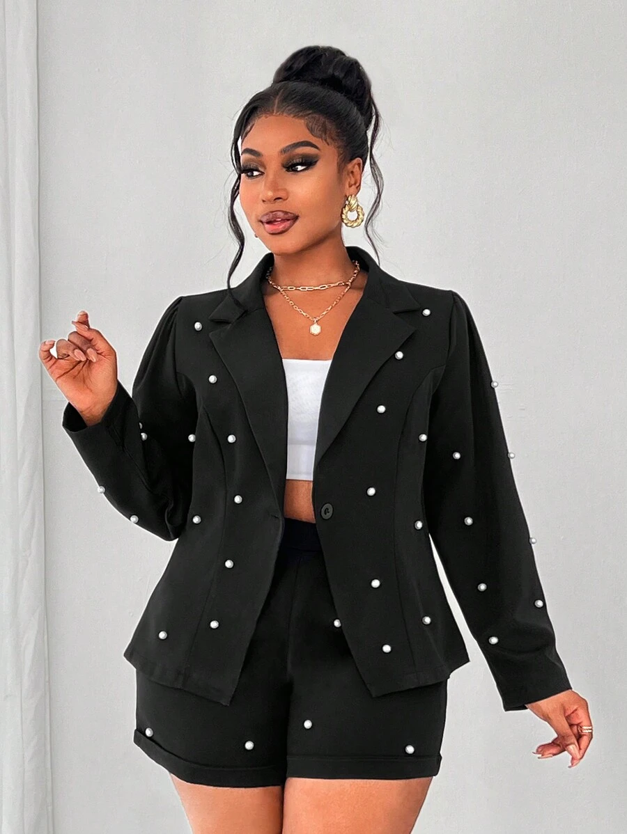 Maweii Plus Size Vrouwen Elegante Handgemaakte Parel Kralen Revers Lange Mouw Blazer Jas En Shorts Set