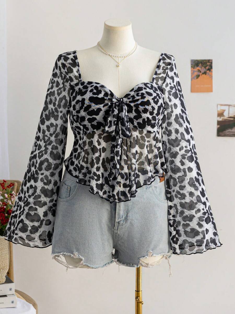 Soleia Plus Size Women Babydoll Top, Leopard & Floral Print Square Neck Tie-Up Long Sleeve Shirt, For Vacation, Graduation, Back To School Wear, Fall