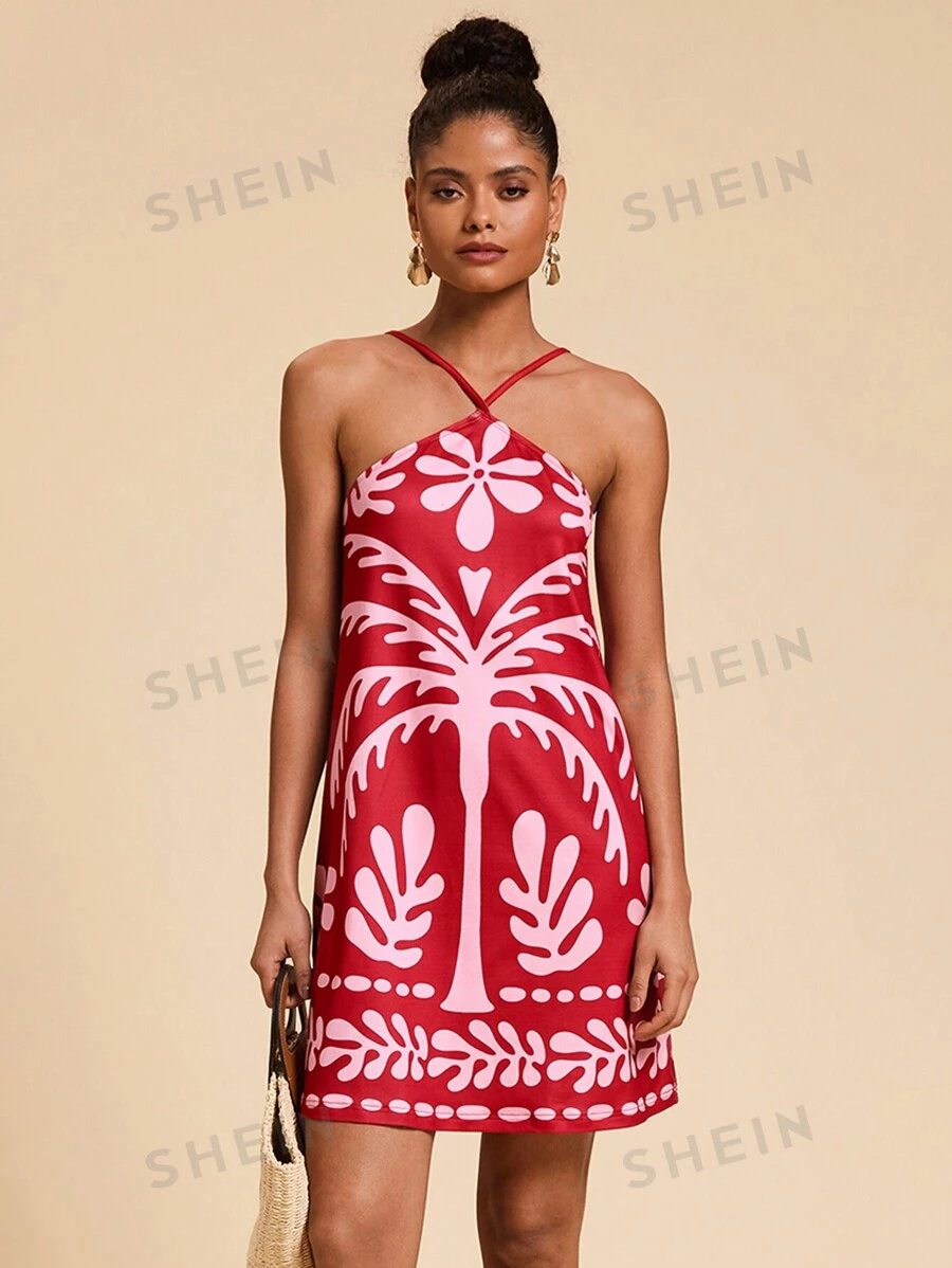 Travachic Vestido corto de punto con escote descubierto y estampado de palmeras para mujer