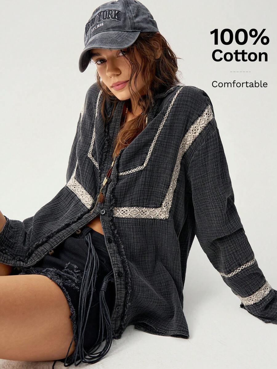 Bohemela Blusa casual de mujer con lavado y encaje de contraste para vacaciones, Blusa holgada de mujer con cuello en V, mangas largas y encaje de contraste en gris oscuro, uso casual diario en primavera/otoño