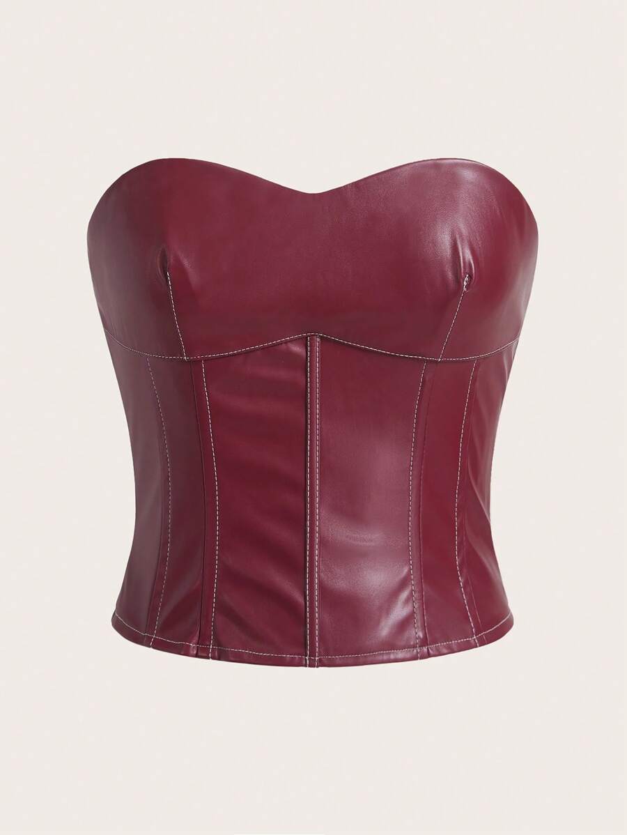 Women's Solid Color Wine Red PU Simple Fitted Bandeau Top, Casual & Travel