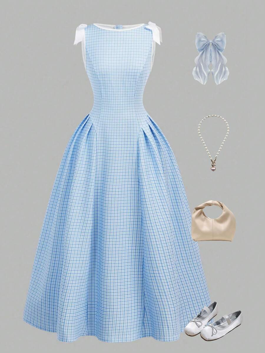 SHEIN Wildeya Langes Kleid für Teenager Mädchen in Blau & Weiß mit Taillenraffung und Schleife an der Schulter, aus dehnbarem gestricktem Gewebe, im vintage, süßen Stil, geeignet für Partys und Treffen