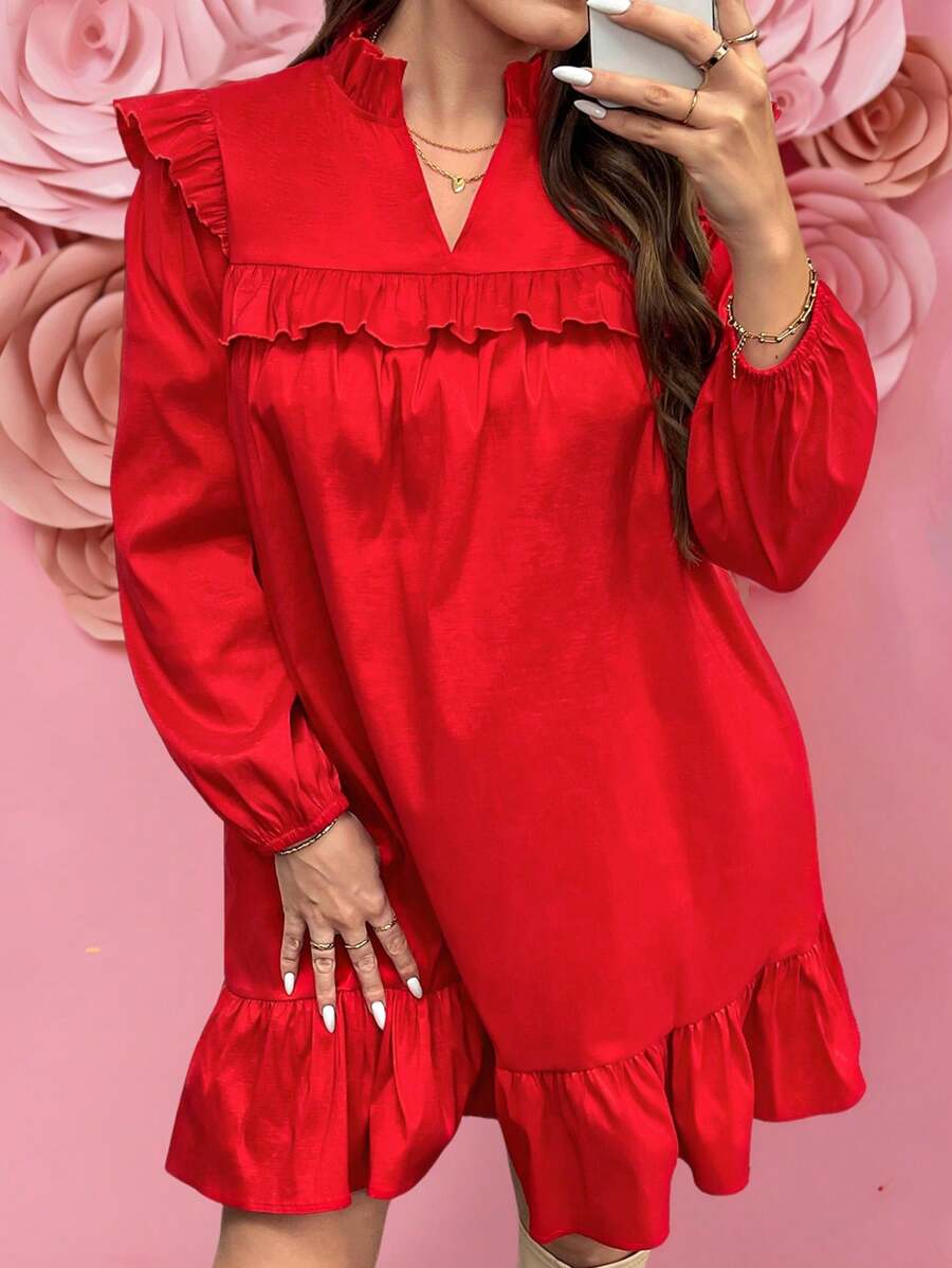 SHEIN LUNE Valentijnsdag rode jurk met ruches in grote maten, lente, Valentijnsdag, Valentijnscadeaus, Valentijnsoutfit, San Valentin, Mardi Gras, Mardi Gras-outfit, Chinese Nieuwjaarsoutfit/CNY-jurk, outfits voor leraren voor vrouwen, zwangerschapsjurk voor fotoshoot, festival zomer boho oud geld
