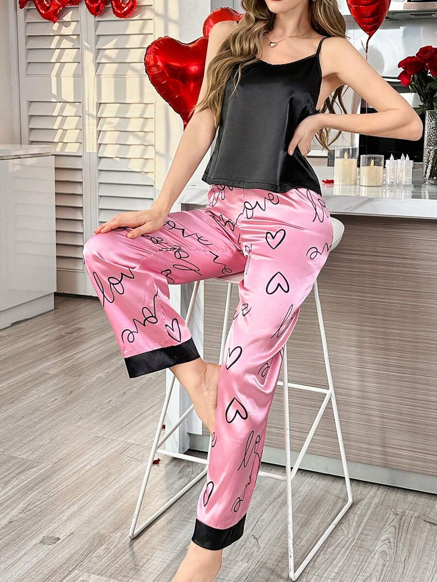 Valentine's Day Faux Silk Plain Cami Pajama Set With Heart & Letter Print