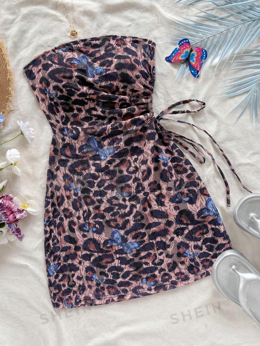 Soleia Vestido mini con cordón en la cintura, diseño calado, estampado de leopardo y mariposa, sexy, adecuado para vacaciones, festivales de música, estilo bohemio, citas en vacaciones