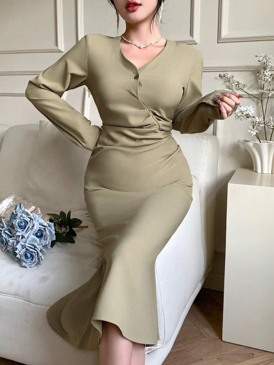 DAZY Plain Asymmetric Draped Midi Dress For Women,Fall Dress