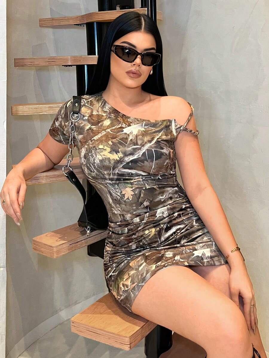 SHEIN SXY Women's Summer Mid-Length Open Shoulder Casual Dress, Minimalist & Fashionable For Everyday Wear,Y2K,Going Out Dress Women,Going Out Outfits,Going Out Dress,Camo,Dresses For Women,Sexy