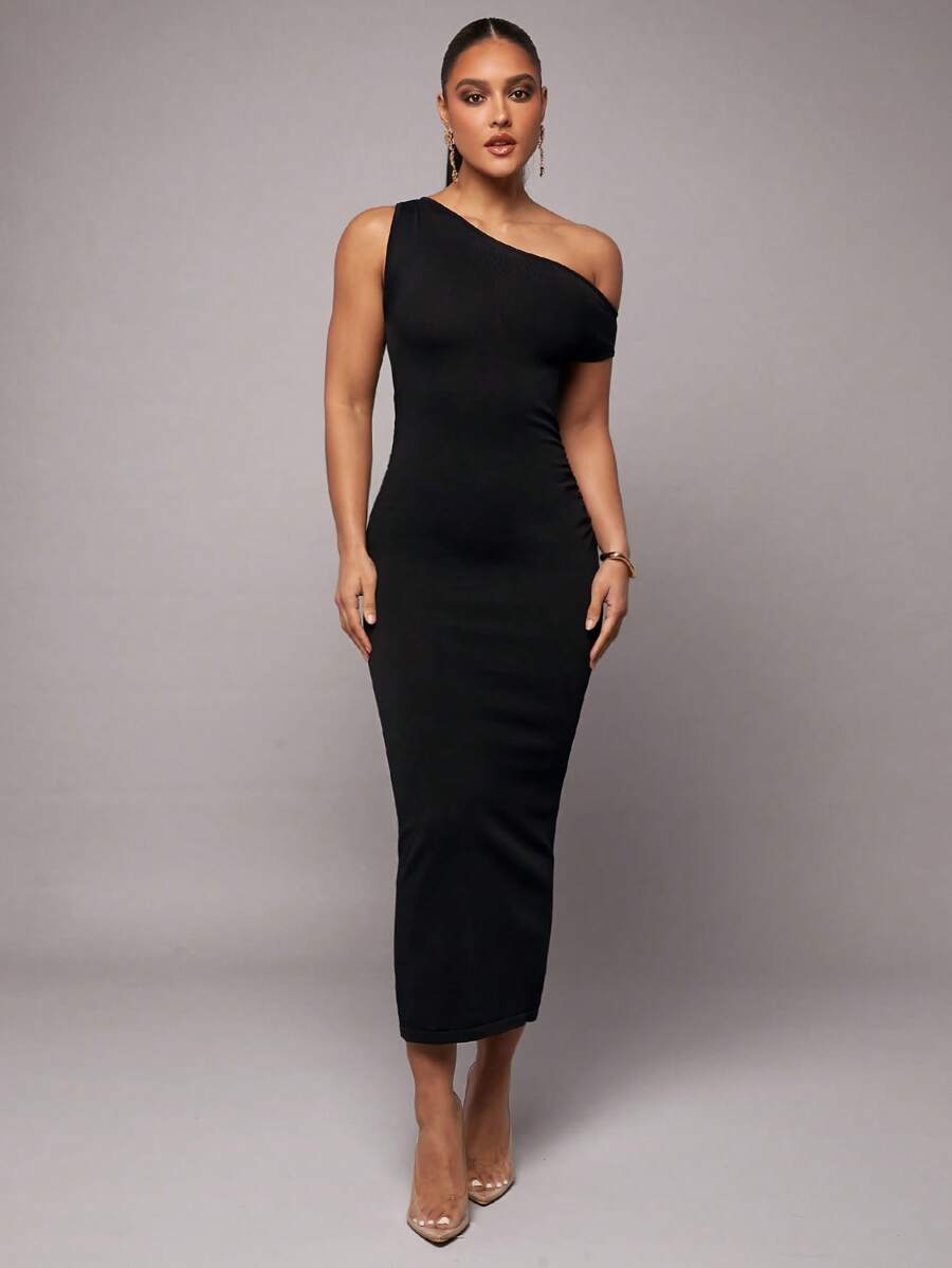 Silquee Women Solid Color Asymmetrical Neck Fitted Elegant Knit Dress